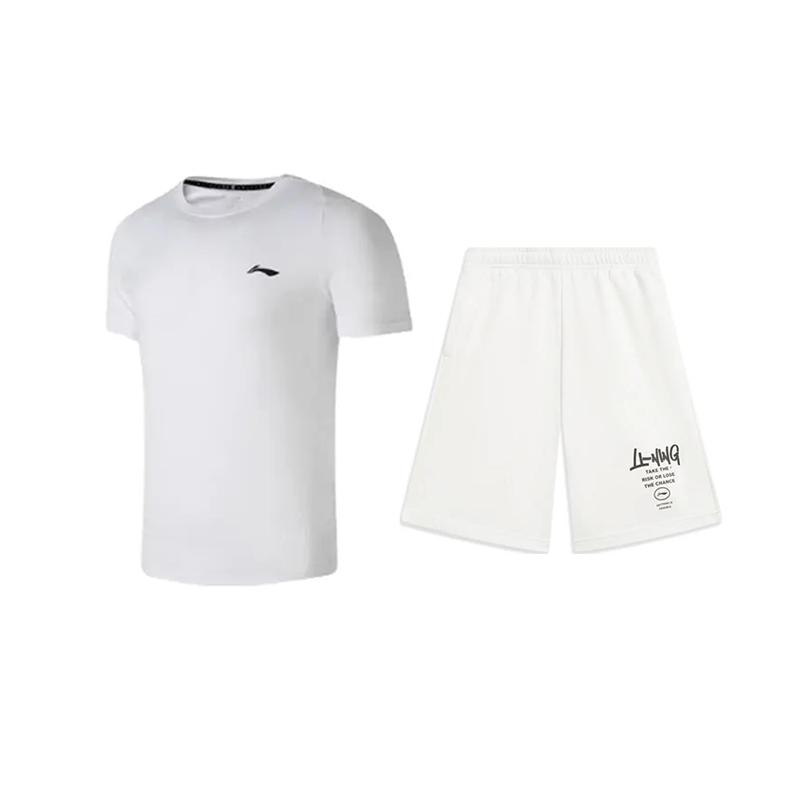 

Li-Ning Однотонный логотип Простой Дышащий Прохладный Удобный Универсальный Пуловер с круглым вырезом Футболка с коротким рукавом Повседневный спортивный комплект ATSU819-2+AKST593-7 M