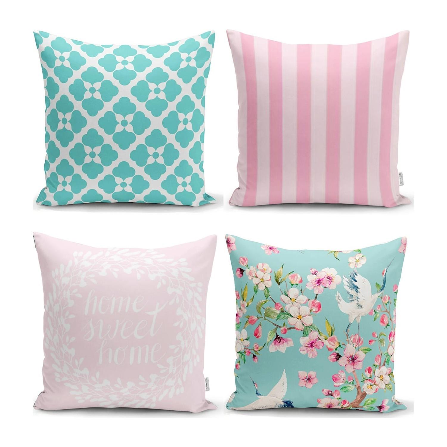 

Набор из 4 подушек Alaçatı розового и синего цветов с цифровой печатью и наволочек