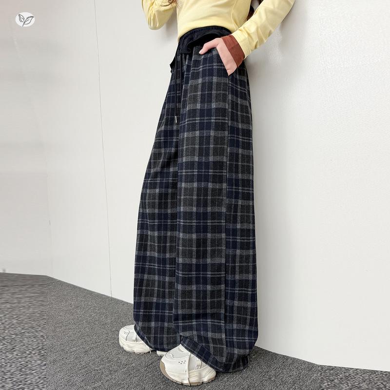 Girls' Plaid Wide-Leg Trousers with Lace Waist - Autumn 2026 Collection for Medium and Large Children.