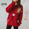 Women Christmas Sweater Santa Claus Xmas Hat Decor Loose Fit Knitting Tops Round Neck Long Sleeve Autumn Winter Sweater
