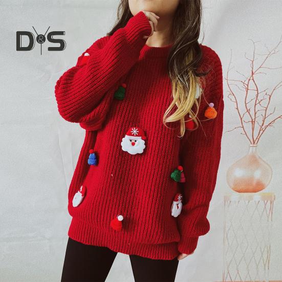 Women Christmas Sweater Santa Claus Xmas Hat Decor Loose Fit Knitting Tops Round Neck Long Sleeve Autumn Winter Sweater