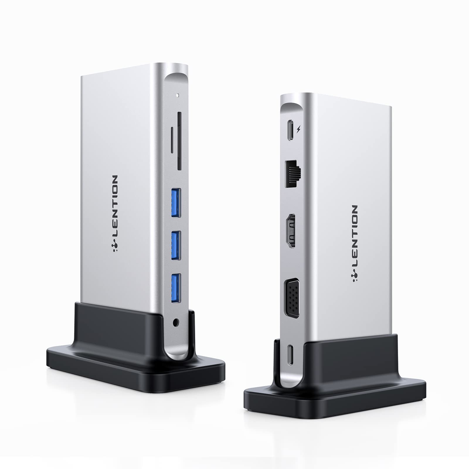 

LENTION Вертикальная док-станция USB C 4K HDMI VGA 3 порта Gigabit Проводная локальная сеть Устройство чтения карт SD 100 Вт PD Зарядка CB-D55 USB3.0 SD/Micro
