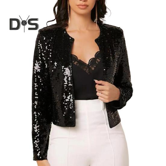 

Женское вечернее пальто с пайетками, круглый вырез, ажурный кардиган с длинными рукавами, короткий однотонный пиджак для выступлений на сцене и клубных танцев S чёрный
