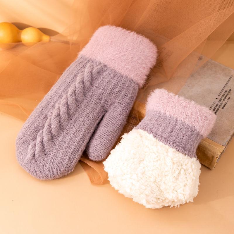 Warm Gloves Ladies Winter Korean Version Cute Plus Velvet Thickening Student Cycling Woolen Cold-proof Twist Gloves