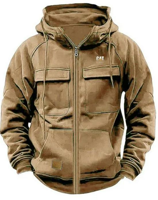 Men's Multi-Pocket Leather Patch Hoodie for Autumn/Winter – European & American Youth Style Sweatshirt Jacket