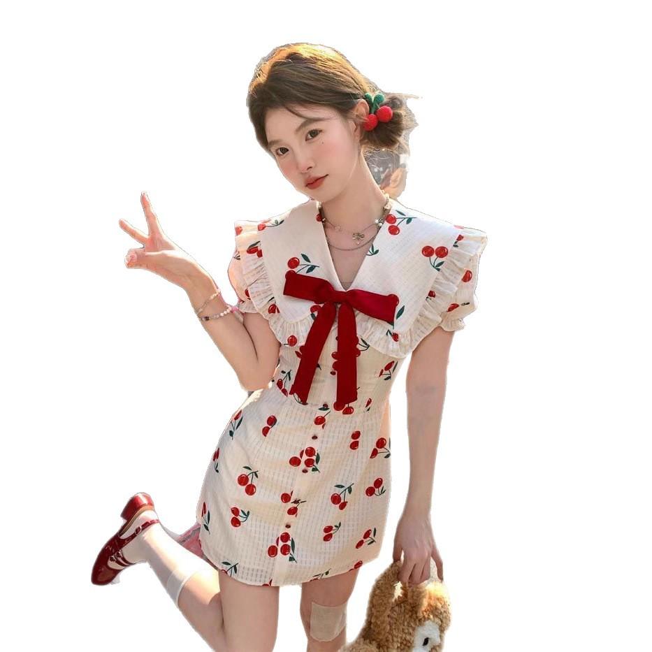 Korean sweet girl cherry print lapel dress women's summer new waist thin super fairy skirt