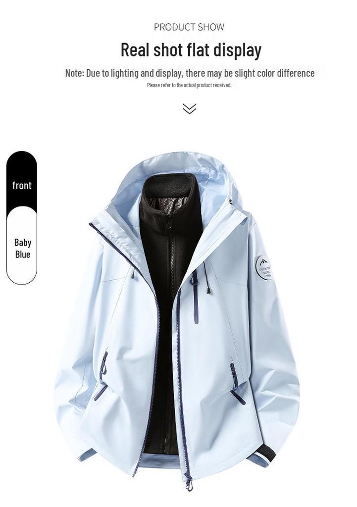 Unisex Waterproof Windproof 3-in-1 Outdoor Mountaineering Jacket with Detachable Layers and Custom Logo Option.
