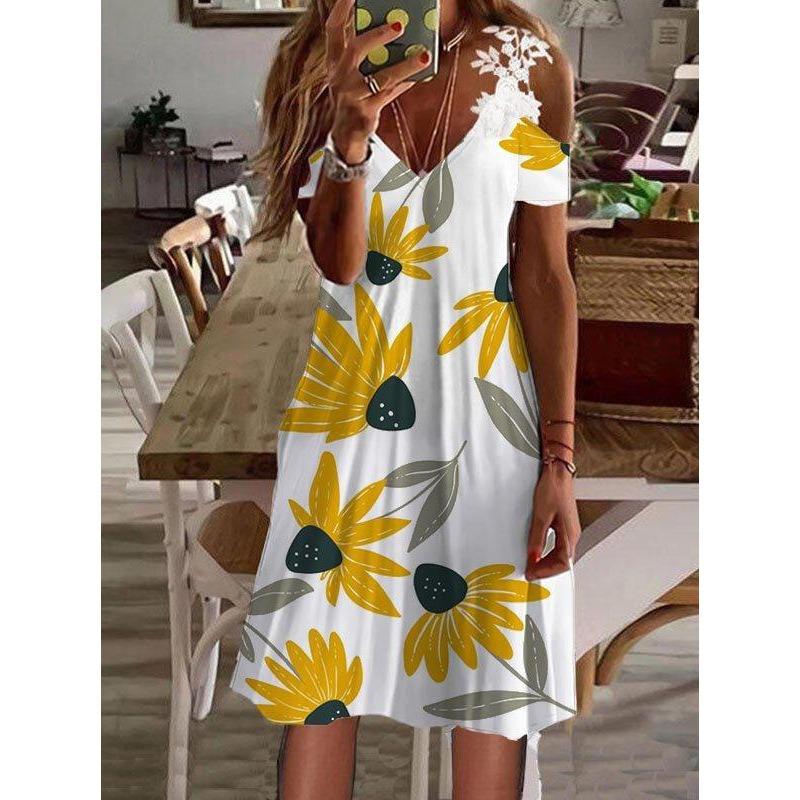 Vestido de Verano con Hombros Descubiertos de Encaje y Manga Corta Nuevo Estampado Holgado Casual Vestidos de Fiesta Moda Femenina Elegante Línea A Talla Grande Ropa Dulce