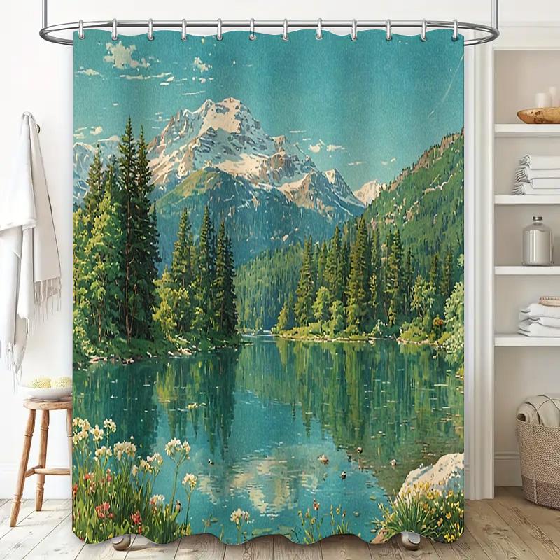 Nature Landscape Shower Curtain Floral Forest Mountain View Backdrop Waterproof Bathroom Decor Vintage Artistic Home Decor