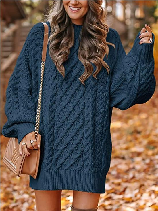 Women's Plus Size Loose Knit Sweater with Semi-High Neck - Chunky and Solid Color