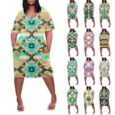 Women's Summer Plus Size V-neck Short Sleeve Print With Pocket Casual Dress