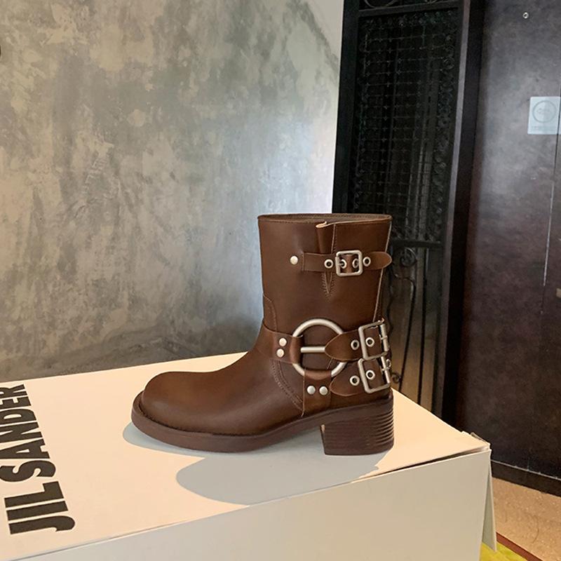 

Виноградная мамочка 2025 осень и зима новые ботильоны с круглым носком, кожаные с пряжкой, на толстом каблуке и толстой подошве, в западном стиле, средней высоты голенища, рыцарские ботинки Мартин женские 34