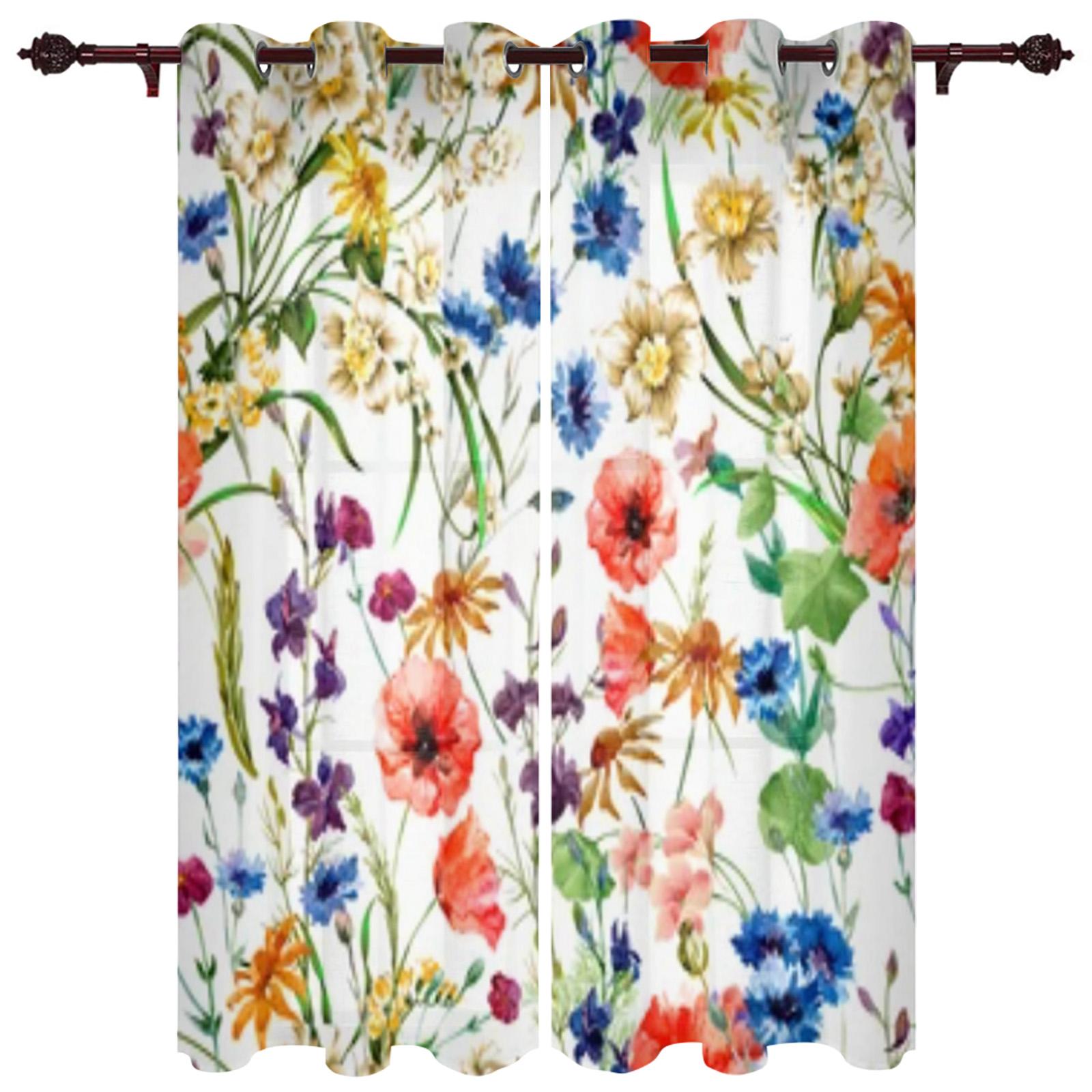 Bloem Aquarel Raamgordijn voor Slaapkamer Woonkamer Achtergrondgordijn Huisdecoratie Keuken Kort Gordijn 70W x 100H(cm) x2