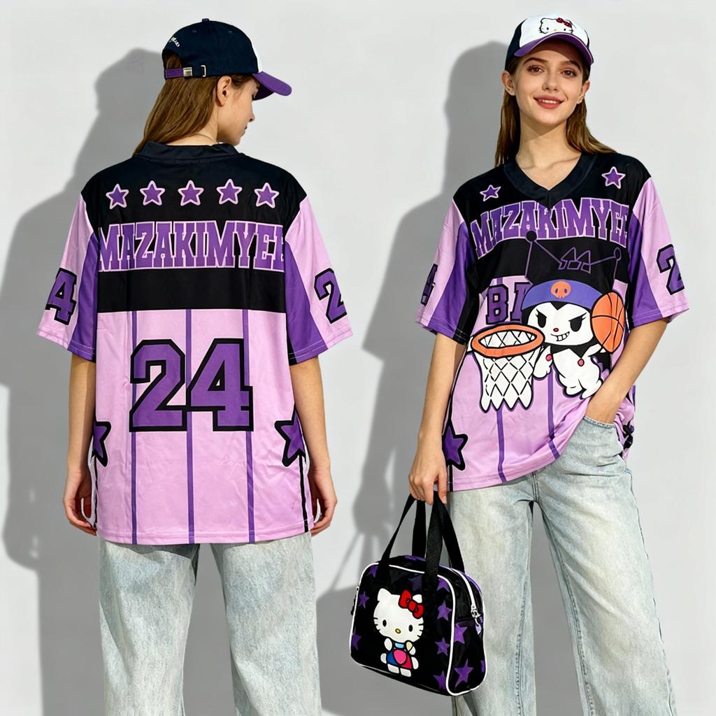 Hello Kitty baseball jacket, sweet and cool street style summer T-shirt, loose women's top.