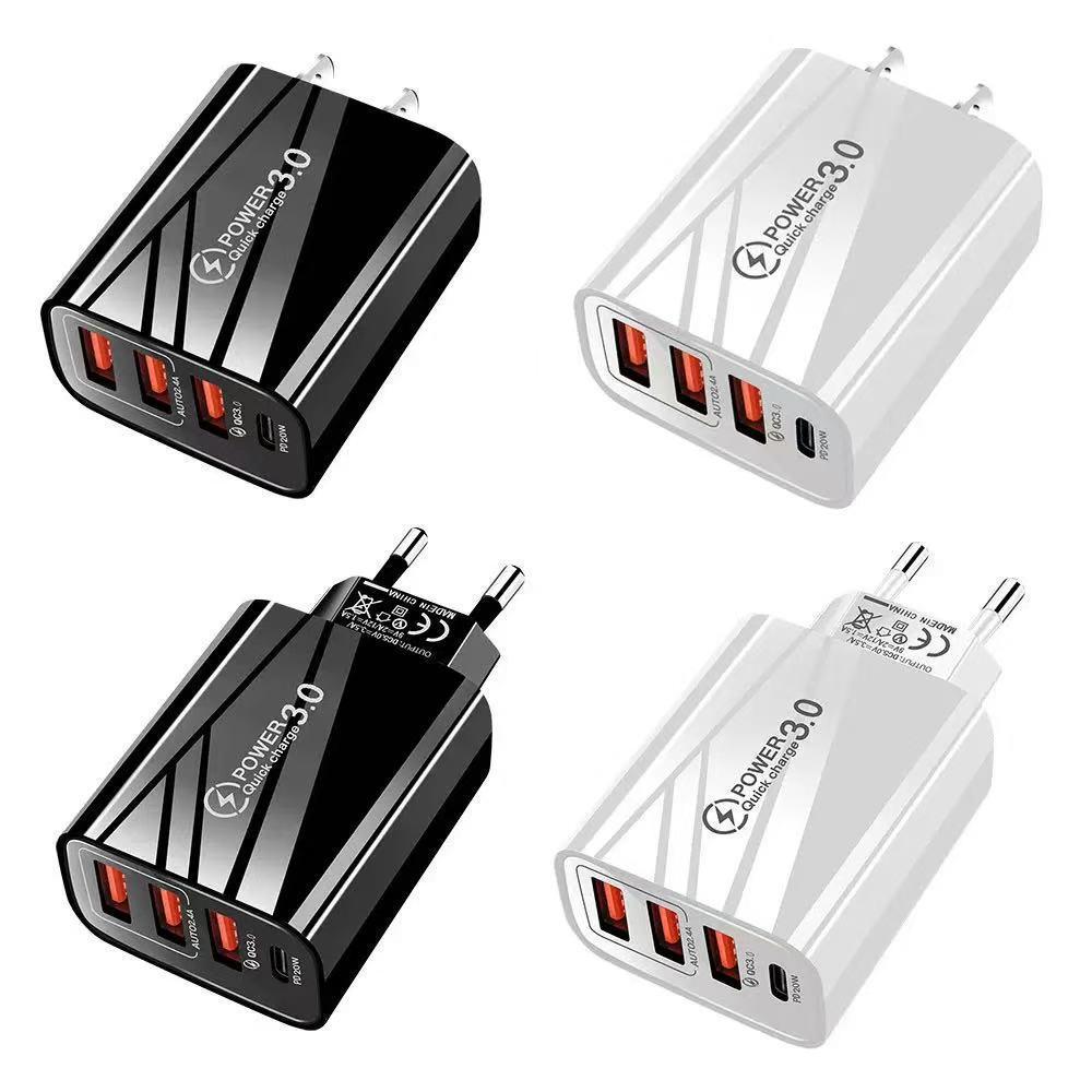 Multi-Standard Travel Charger: US, EU, UK Plugs with 3 USB + Type-C Ports, Smart Power Adapter