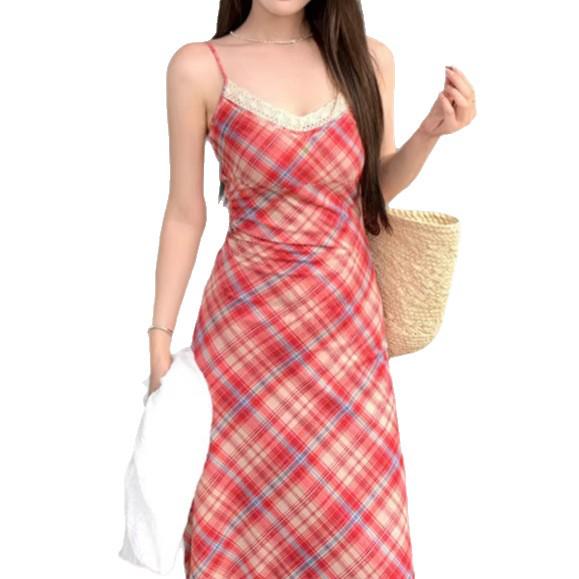 Women's Elegant French Plaid Strappy V-Neck Lace Tea Dress - Summer 2025