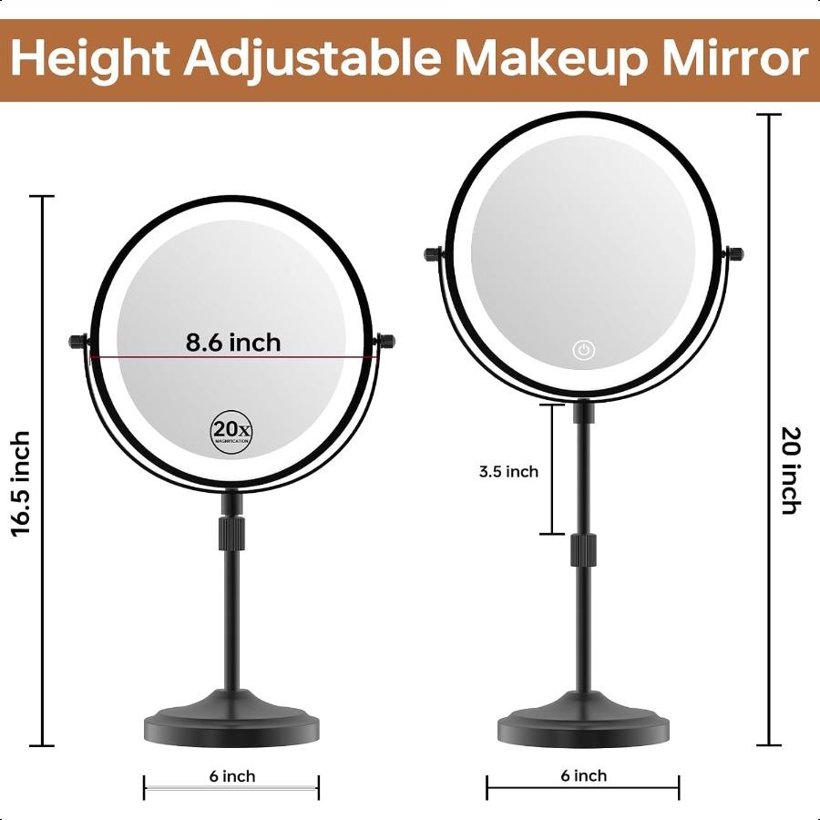 

9 Зеркало с подсветкой 20X Регулируемое по высоте Зеркало для макияжа с подсветкой и увеличением Аккумулятор 5000 мАч Диммируемый United States