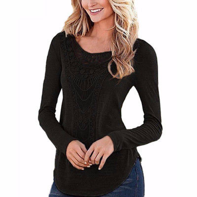 Elegant Lace Patchwork Long Sleeve Cotton Blouse For Women Geometric Design