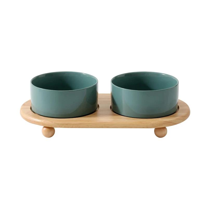 1800ML Ceramic Small Dog Food Water Bowl Elevated Cat Large Capacity Double Feeding Bowls with Wooden Stand Pet Drink Eat Feeder