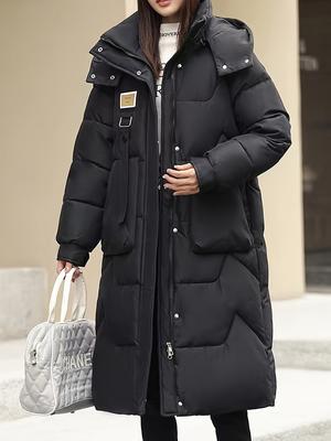 Pockets Zipper & Button Front Hooded Coat, Versatile Solid Color Long Sleeve Thermal Outwear, Women's Clothing