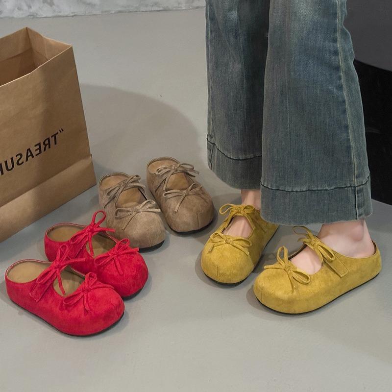 Thick bottom heightening retro women's early spring new fashion versatile bow bag head half slippers outer wear