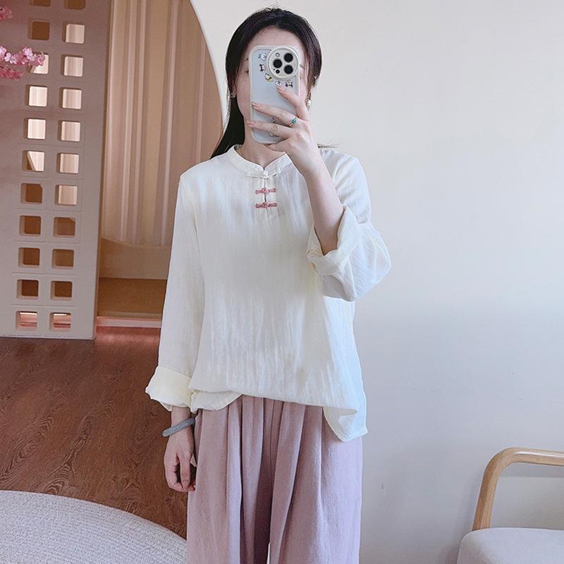 

Весенняя ретро хлопковая рубашка на китайских пуговицах: Воротник-стойка, длинный рукав, удобный и приятный к коже для женщин XXL белый