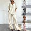 Women's V Neck Button Short Sleeve Linen Blend Top and Drawstring Waist Wide Leg Pants 2 Piece Casual Set