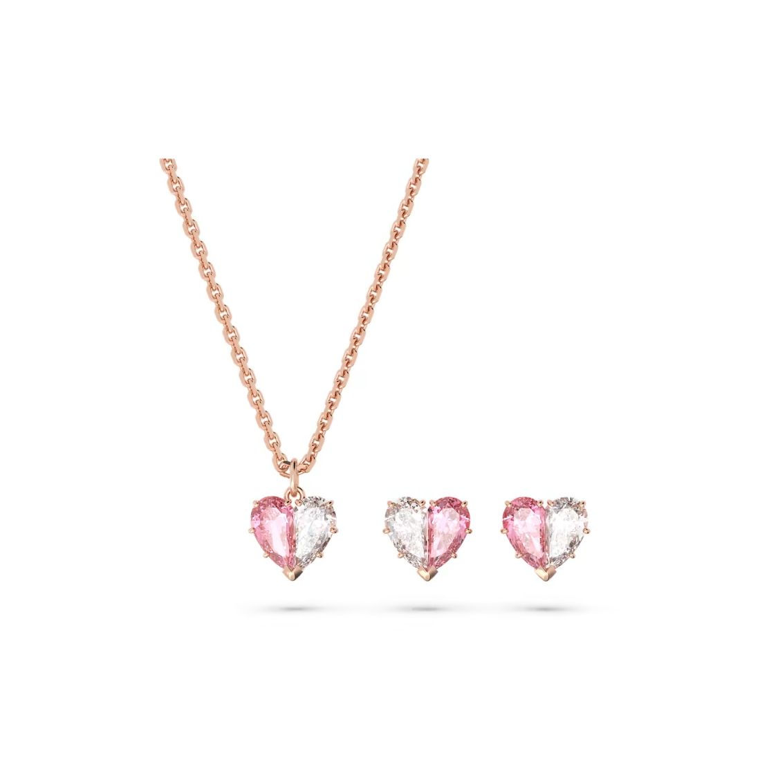 

Swarovski Gema Pink And White Symmetrical Heart Necklace And Earring Set Rose Gold Tone Women Jewelry 5653009 Box (Random Color)
