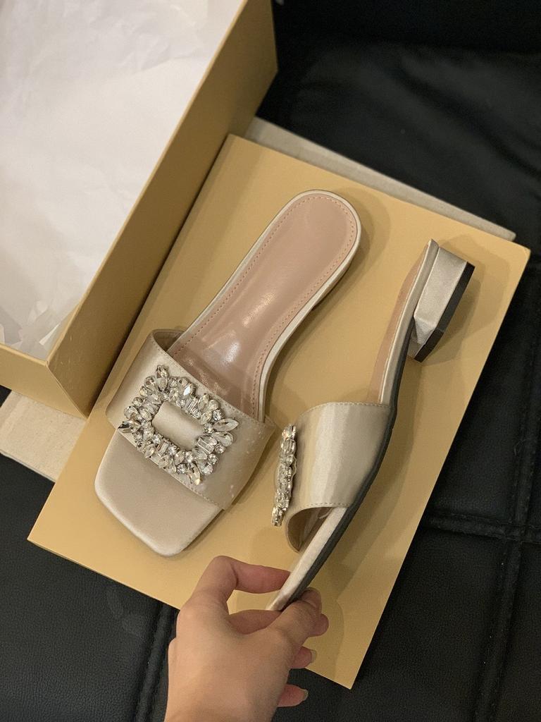 French thick heel silver temperament square buckle rhinestone one-word cool slippers women's shoes wear 2025 summer vacation sandals