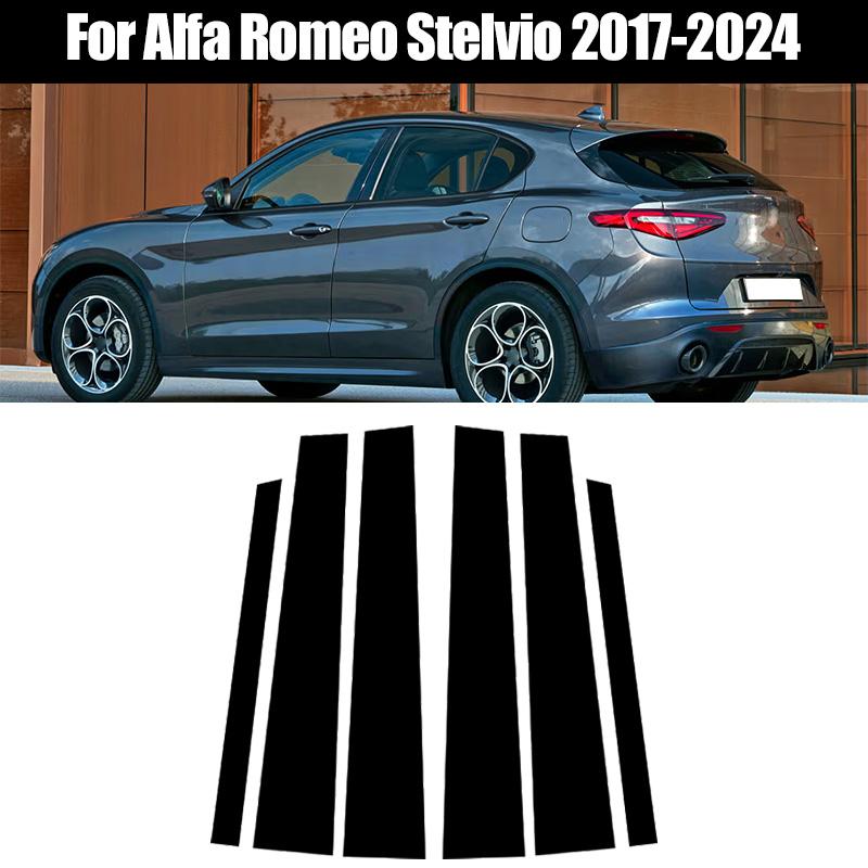 6 szt. Pasuje do Alfa Romeo Stelvio 2017-2024 Błyszczący Czarny Materiał PC Efekt Lustra Samochodowe Drzwi Okno Środkowy Słupek B C Pokrywa Listwy Kolumny