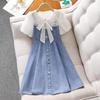 Girls' Summer 2025 Puff Sleeve Denim Princess Dress