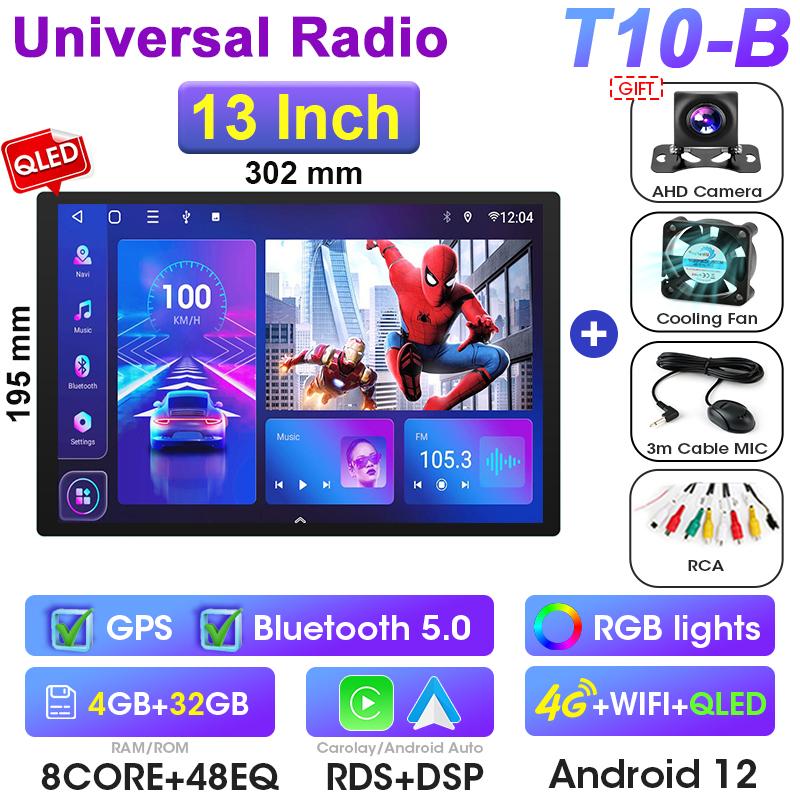 Universal 13" QLED 2 Din Android 12 Car Radio For Nissan Kia Honda Toyota Stereo Multimedia Video Player 1920*1200P Carplay Auto