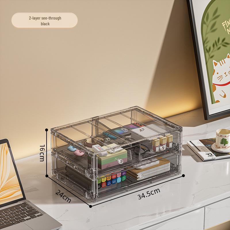 Desktop Storage Box with Drawer – Dustproof, Transparent Organizer for Dorm Desk and Office Stationery/Books/Documents