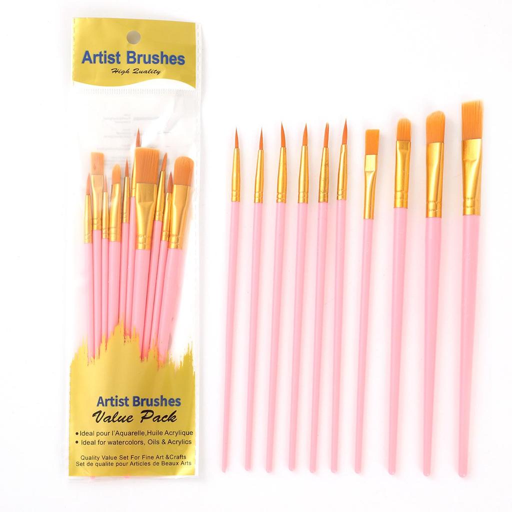 10-Piece Pearlescent Plastic Handle Nylon Hair Painting Brush Set for Kids - Ideal for Oil and Gouache Painting