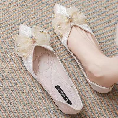 Flat Bottomed Women's Shoes 2025 New Spring and Autumn Bow Pointed Shallow Mouth Evening Style Soft Sole Single Shoe