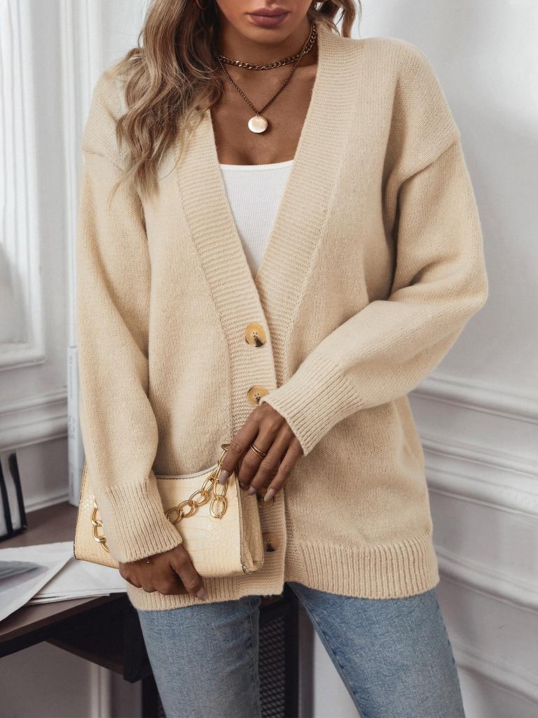 Women's Fashion Casual V-neck Single-breasted Long-sleeved Knitted Cardigan Sweater Jacket