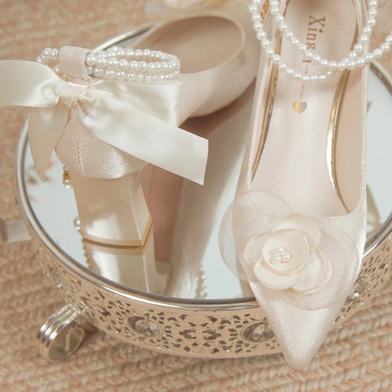 Bridal Shoes 2026 New Flower High Heel Pumps Women Elegant Pearl Strap Wedding Party Shoes Woman Silk Pointed Toe