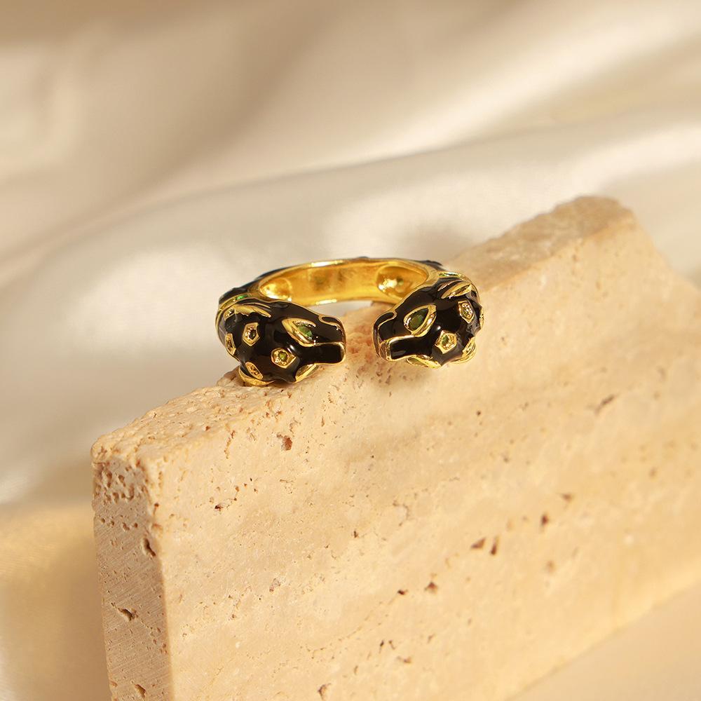 Niche Animal Dripping Cheetah Open Ring Design Black Gold Adjustable Couple Ring Tide