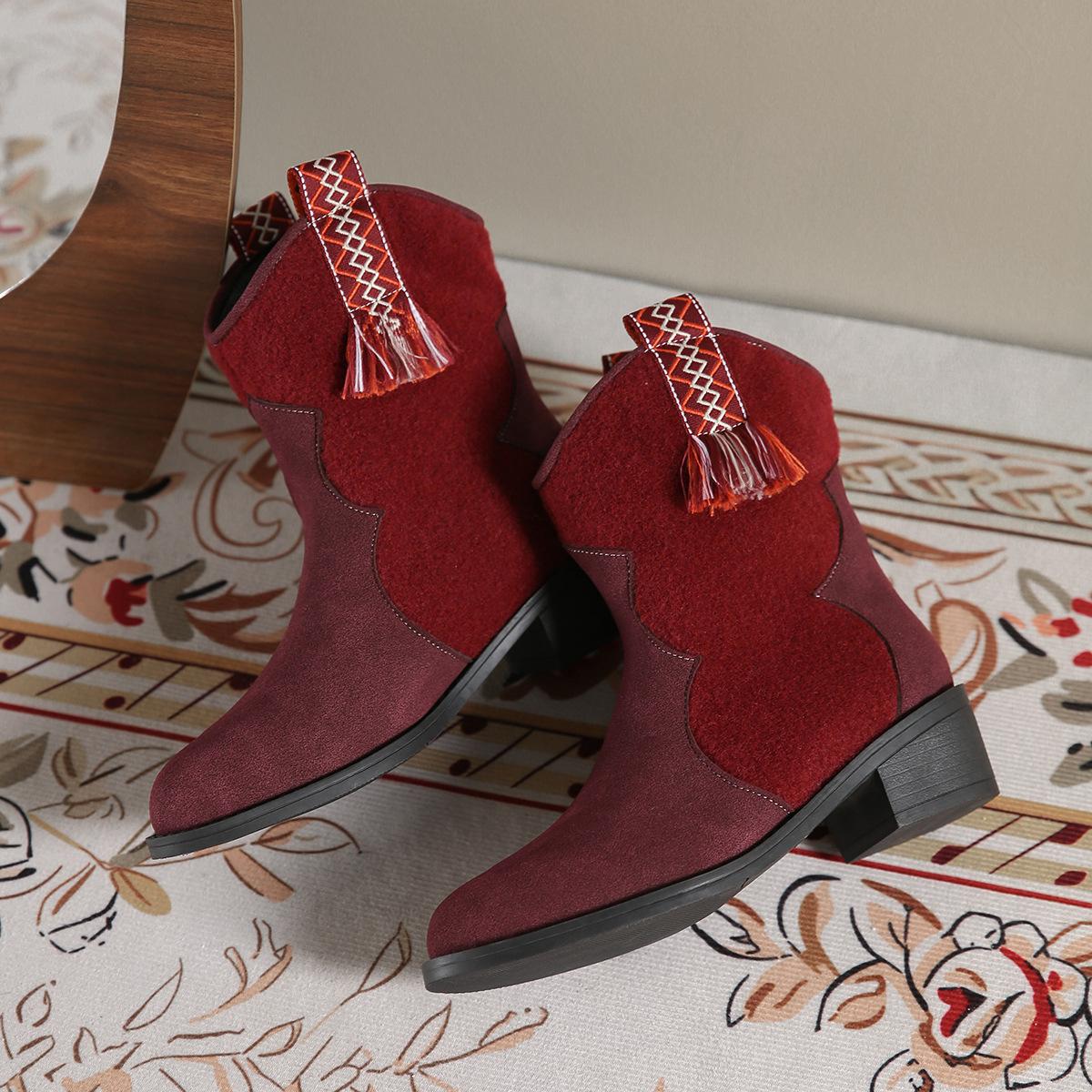 

Женские ковбойские сапоги Loe Heel Western, ботильоны из искусственной замши с широким голенищем, остроносые ботинки, ковбойские ботинки на толстом блочном каблуке для женщин 43 темно-красного