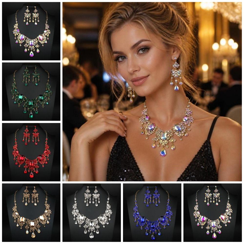 Shiny Necklace Earrings Set Baroque Wedding Bridal Accessories Rhinestone Jewelry Set Prom Event