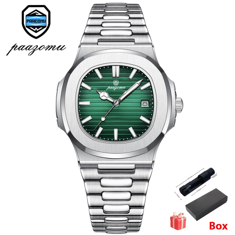 

PAAZOMU Casual Quartz Man Wristwatch Creative Square Steel Date Chronograph Men s Watch Sports Waterproof Luminous Watch For Men срібні зелений колір