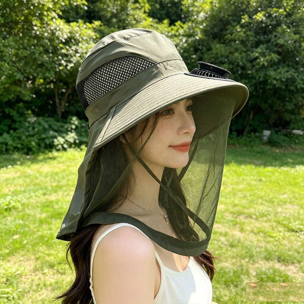 Cappello con Rete Anti-zanzare con Protezione UV, Cappello da Sole a Tesa Larga con Rete, Cappello Solare con Ventola, Pesca