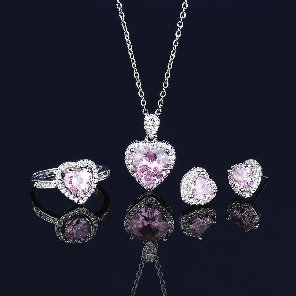 Pink Crystal Zircon Necklace Women s Suit Fashion Love Ring Stud Earrings Jewelry Ring Size:Adjustable