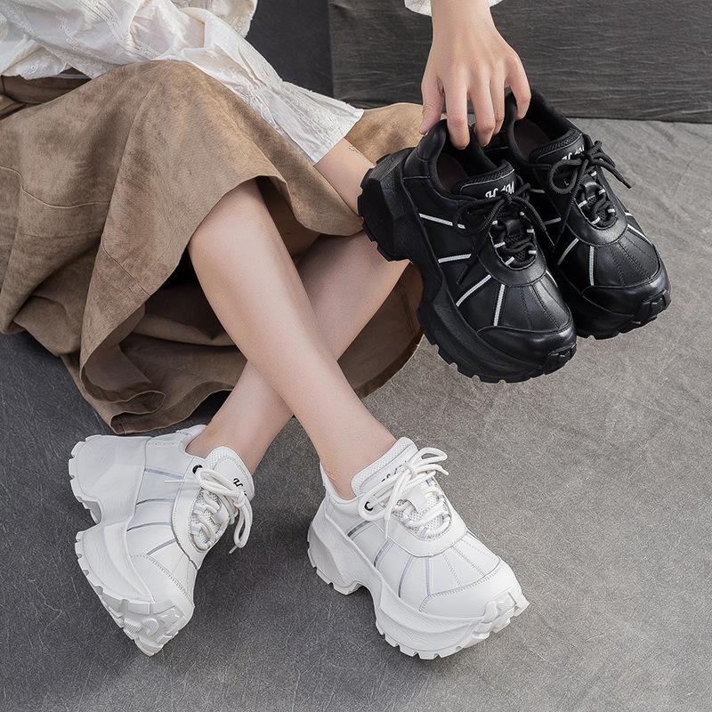 Scarpe da Ginnastica Retro a Suola Spessa Primavera Autunno Donna Vera Pelle Non Stanchevoli Scarpe da Viaggio per Piedi Sportive Tempo Libero Scarpe da Donna