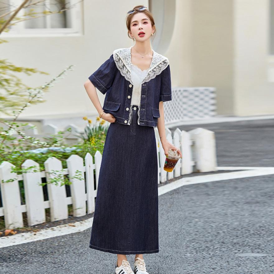 Xiaoxiangfeng denim suit skirt women's new summer super fire temperament Korean version design skirt two-piece set