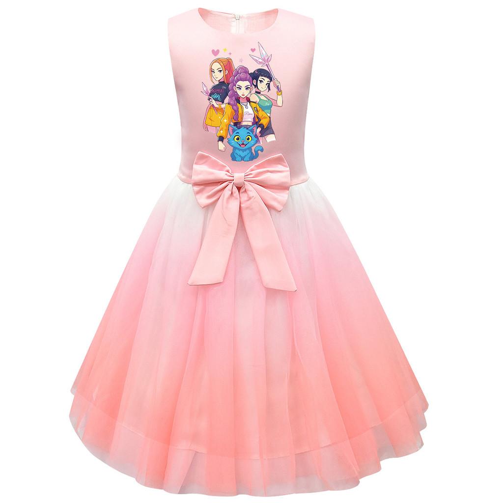 Kinder Mädchen Prinzessin K-POP Rumi Zoey Mira Print Schleife Ärmellos Mesh Tutu Kleid