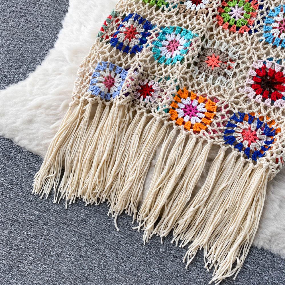 Vintage Embroidery Sunmmer Knitted Dresses Hook Flower Hollow Out Tassel Women Slim Dress Streetwear Fashion Design New Clothing