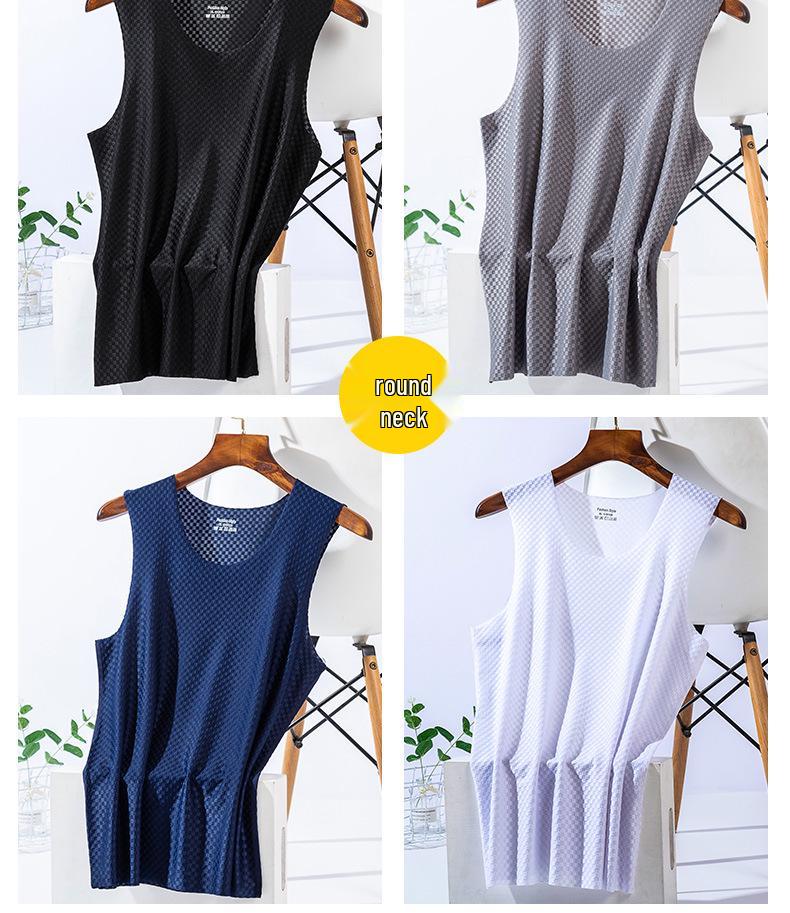Men's Plaid Ice Silk Sleeveless Quick-Dry Tank Top - Breathable, Seamless Sports Fitness Undershirt for Summer.
