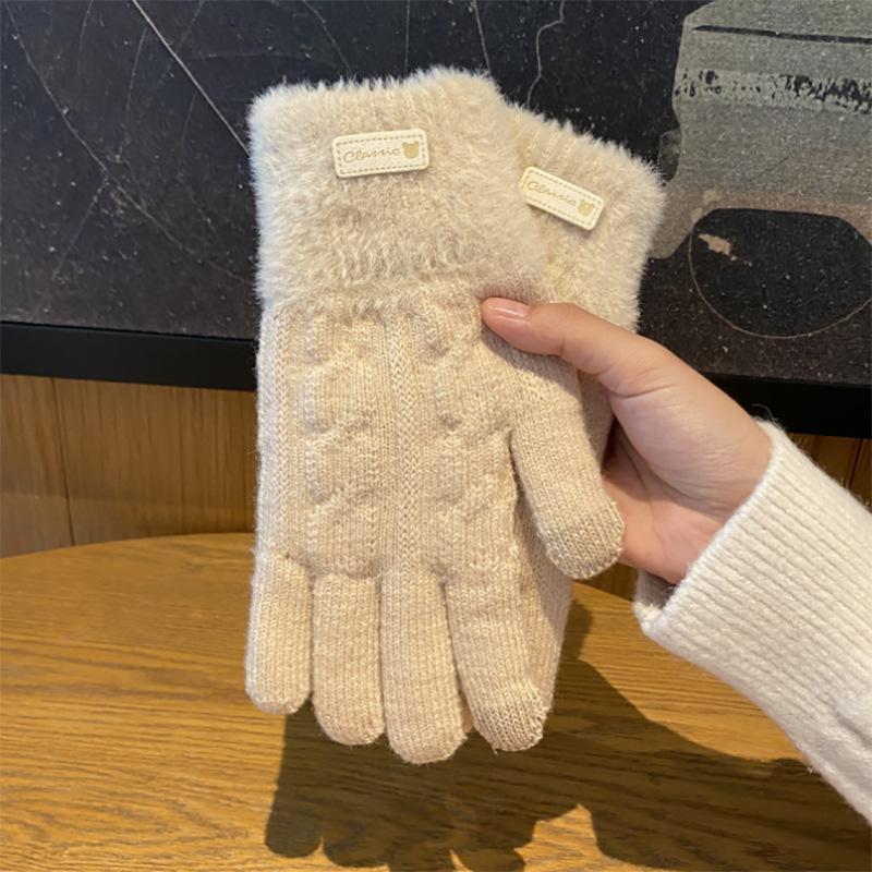 Winter Korean Version of Ins Knitted Wool Gloves for Female Students Riding Thickened Warm Double Layer Touch Screen Gloves