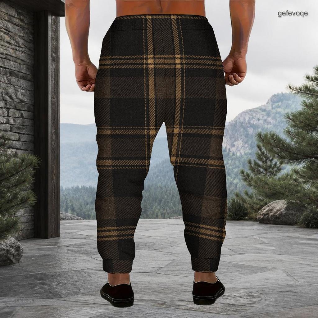 Men s Plus Size Black Grey Plaid Printed Drawstring Waist Cuffed Ankle Jogger Pants